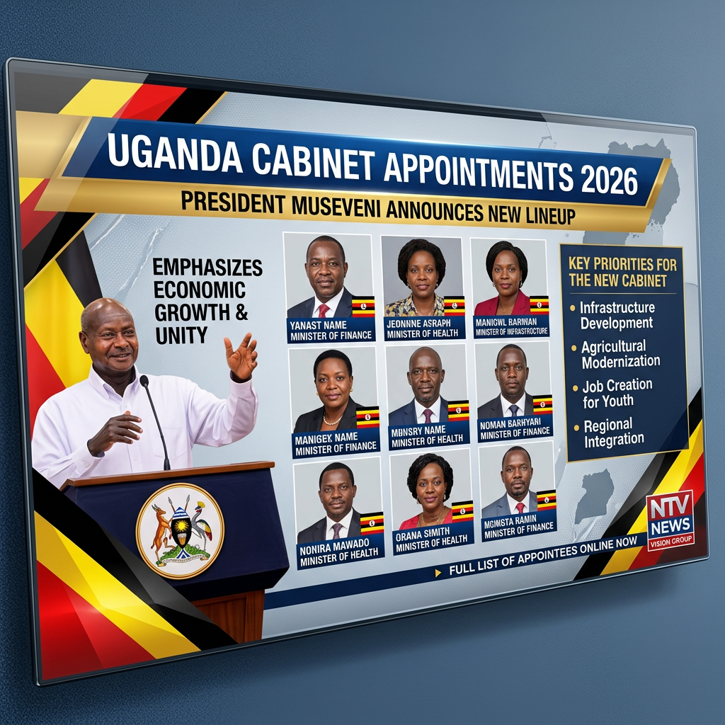President Museveni announcing Uganda cabinet appointments 2026 with photos and titles of ministers and key priorities listed